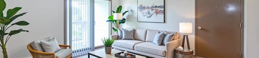 A living room with a white rug and a wooden coffee table.