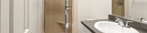 a bathroom with a sink and a shower