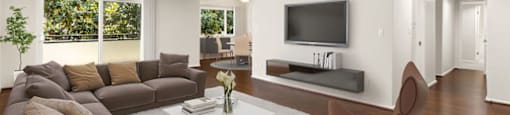 Apartments for Rent in Encino, CA - White Oak Terrace - Spacious Living Room with a Separate Dining Area, a TV with an Entertainment Center, and a Large Couch
