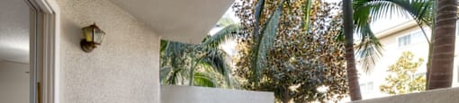 a patio with a wall and palm trees at Lombardi Apartments, Woodland Hills, 91367