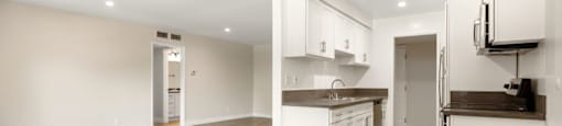 an empty living room and kitchen with a wood floor at Lombardi Apartments, Woodland Hills, California