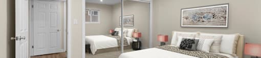 a bedroom with a bed and a mirror at Lombardi Apartments, Woodland Hills, CA, 91367