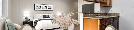 a dining room with a table and chairs and a bedroom at Lombardi Apartments, Woodland Hills