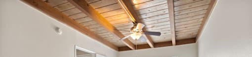 Luxury Apartments in Canoga Park - Parthenia Terrace - Large Bedroom with Ceiling Fan, Carpet, and Window with Blinds.