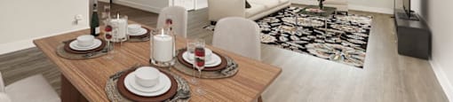 a living room and dining room with a table and chairs