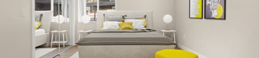 A bedroom with a bed, a yellow ottoman, and a painting on the wall.