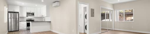 A spacious room with wooden flooring and white walls.