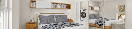 A bedroom with a large bed and a mirrored closet door.