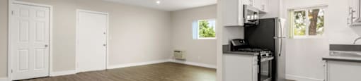 an empty kitchen and living room with a ceiling fan
