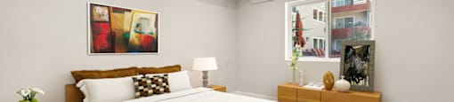 a bedroom with a bed and two dressers at Woodland Trio Apartments, North Hollywood, 91601