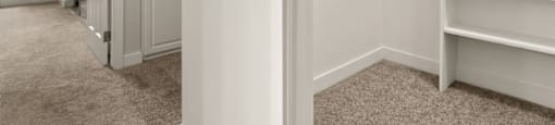 A white closet with shelves and an open door.