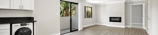 Sherman Oaks CA Apartments for Rent - Brody Terrace - Spacious Living Room with Wood-Style Floors, an Interior Fireplace, Ceiling Fan & Attached Private Patio