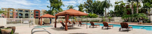 Pool with Chaise Chairs and Cabanas during Daytime at The Reserve at Warner Center Apartments, CA, 91367