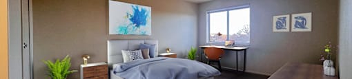 a bedroom with a bed and a desk and a window at Huntington Green Apartments, University Heights, 44118