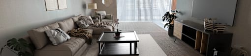 a living room with a couch, coffee table, and a tv at Huntington Green Apartments, University Heights, OH 