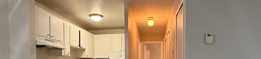 A long hallway with a kitchen area on the left side.