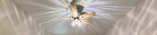 A room with a ceiling fan and wooden flooring.