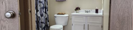 A bathroom with a toilet, sink, and shower.at Highlands of Heritage Woods, Copley Ohio