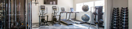 a large fitness room with cardio equipment and weights at Paseo 51 Apartments, Glendale, AZ 85302