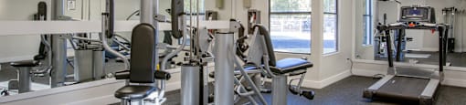 A gym with a variety of equipment including a treadmill, weights, and a bench press.
