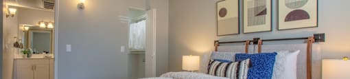 master bedroom with attached bathroom at The Vintage Apartments, Tucson, AZ, 85710