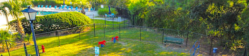 a playground in a park with benches and a fence at Planters Trace Apartment Homes, Charleston