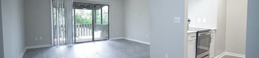an empty living room and kitchen with a sliding glass door to a balcony at Planters Trace Apartment Homes, Charleston