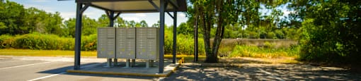a bus stop in a parking lot with trees at Planters Trace Apartment Homes, Charleston, SC