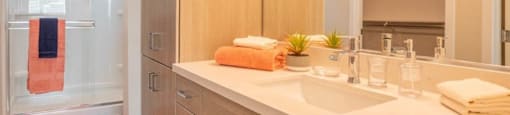 Model bathroom with a walk-in shower and vanity sink with storage in an apartment at Village Greens of Queen Creek