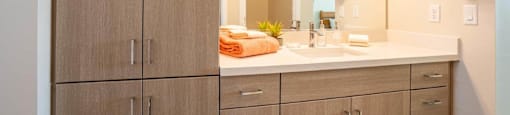 Custom vanity with floor to ceiling cupboards and a large counter sink with storage below in an apartment at Village Greens of Queen Creek
