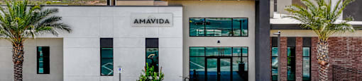 A modern building with the word