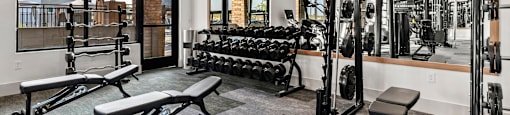 A gym with a variety of equipment including a squat rack, bench, and weights.