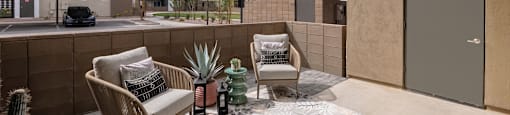 A patio with two chairs, a table, and a rug with a cactus and vase on it.