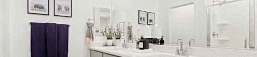 A bathroom with two sinks and a large mirror.