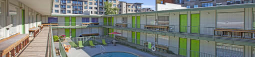 Exterior community courtyard and pool at The Continental Apartments in Phoenix AZ Nov 2020