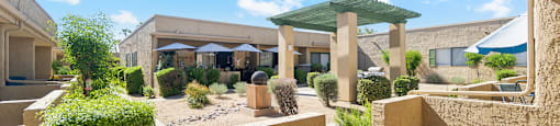 Patio with courtyard view at SunVilla Apartments in Mesa Arizona