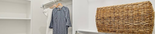 A closet with a hanging shirt and a wicker basket on the shelf.