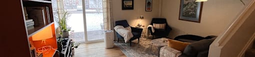 A living room with a couch, chair, and a rug.