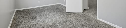 A room with a carpeted floor and a white door.