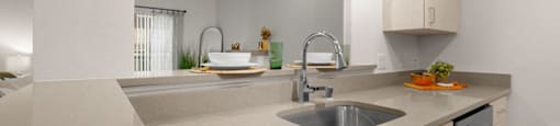 a kitchen with a sink and a counter top