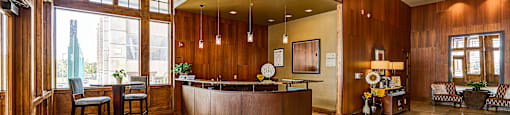 A reception area with a bar and a counter.