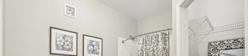 A bathroom with a toilet, a shower curtain, a mirror and a rug.