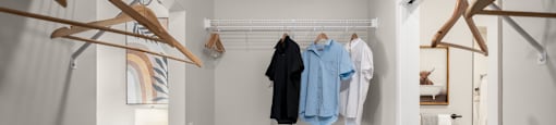 A white closet with clothes hanging and a toilet in the background.