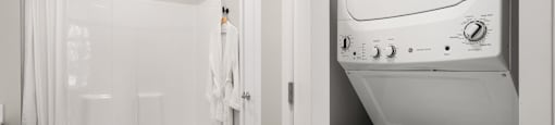 A white bathroom with a shower, towel rack, and a toaster oven.