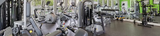 A gym with a variety of equipment including treadmills, weights, and exercise machines.