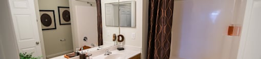 A bathroom with a brown and white theme.