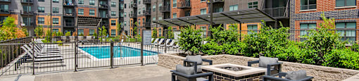 Outdoor pool with seating area 