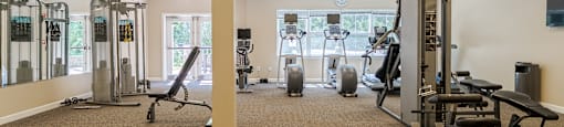 A gym with a variety of equipment including treadmills, weights, and benches.