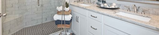 A bathroom with a walk-in shower, double sinks, and a large mirror.