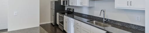 Ashland Farms Galley Style Kitchen with Full Set of Stainless Steel Appliances and Modern White Cabinetry
